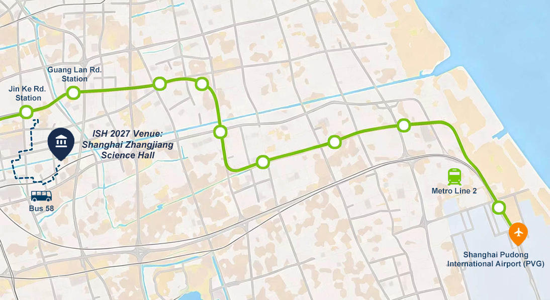 Route map from PVG to Zhangjiang Science Hall